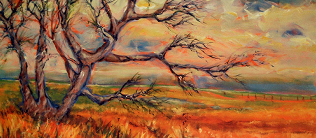 Trees across the gulch, a tinted sumi ink painting - Julia van der Wyk,  Artist